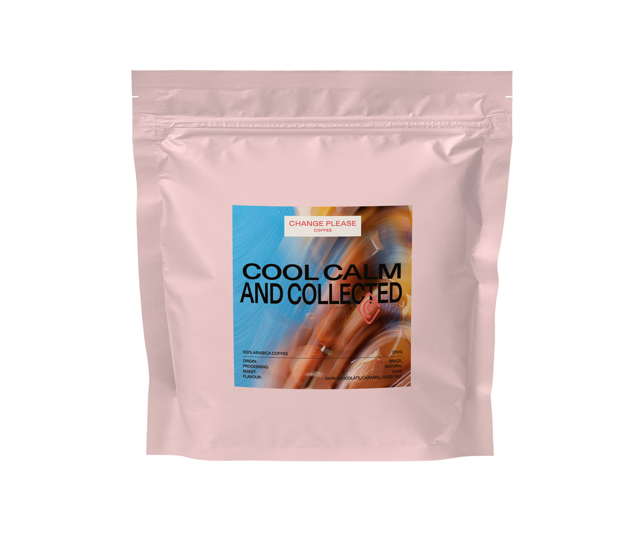 A sealed pouch with the label 'COOL CALM AND COLLECTED' featuring an image of coffee beans, indicating a product related to specialty coffee.