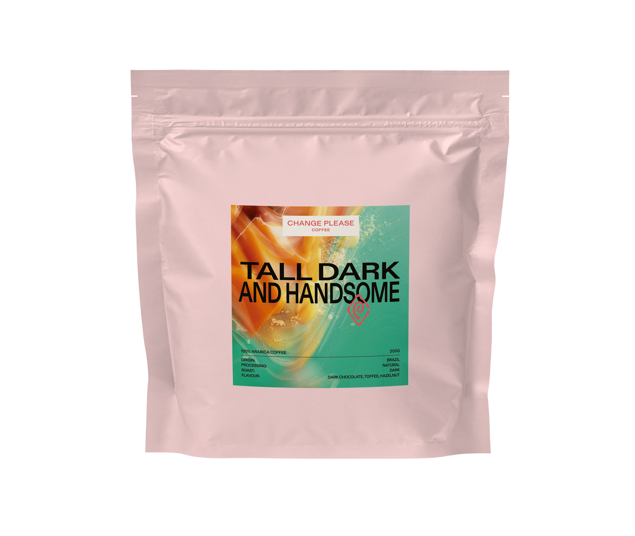 A sealed pouch packaging of Tall Dark & Handsome coffee with a label showing the product name and a color scheme that suggests a dark roast.